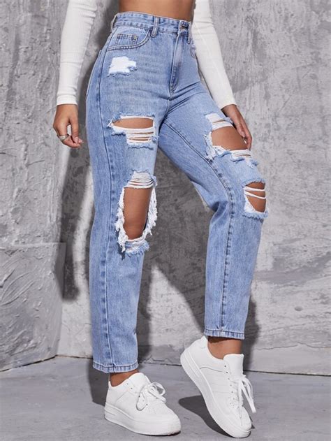 Shein Ezwear High Waist Straight Leg Ripped Jeans Shein Uk