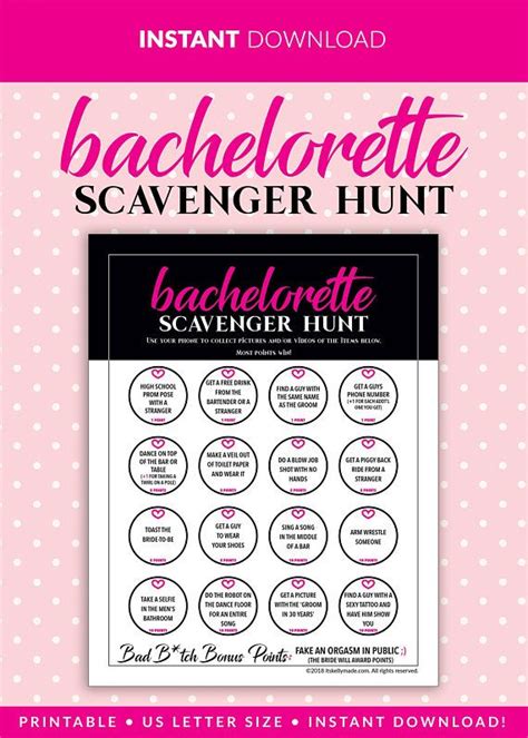 the bachelor scavenger hunt printable is displayed on a pink background with polka dots