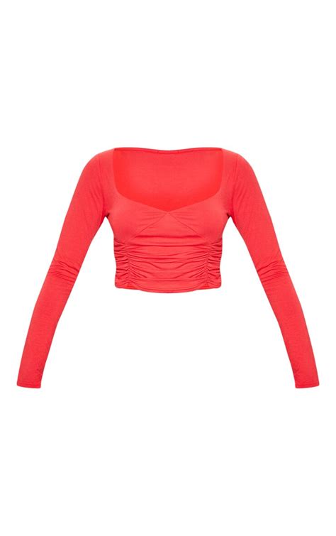Red Jersey Ruched Front Long Sleeve Crop Top Prettylittlething Aus
