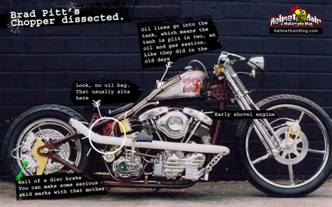 For some people, motorcycles are far better than cars. Brad Pitt brakes down on custom chopper | Helmet Hair ...