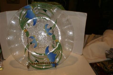 Vintage Sydenstricker Art Glass 14 Plate Fused Blue Japanese Iris Flowers Ebay