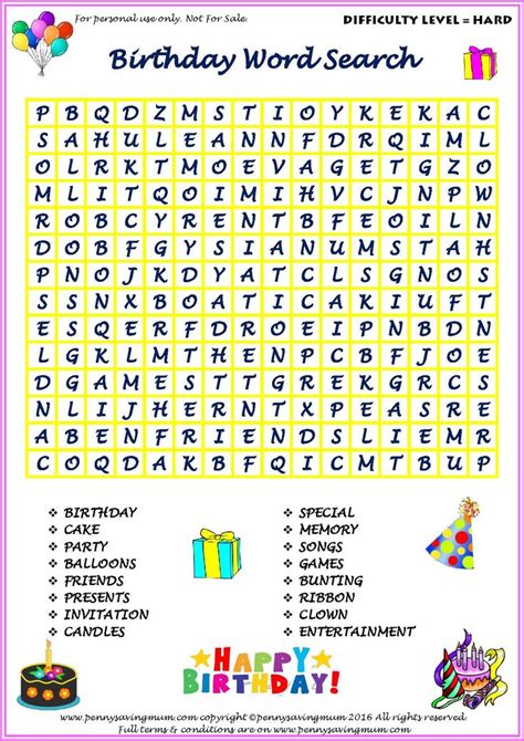 Word Search Birthday Hard Version Pdf Free Printable Word Searches Birthday Words Teaching