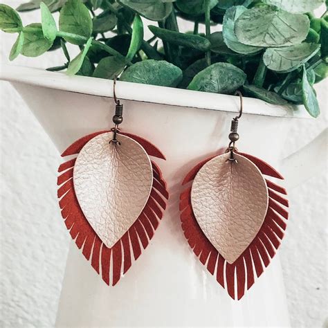 Layered Leather Leaf Earrings Fringe Leather Earrings Etsy Leather