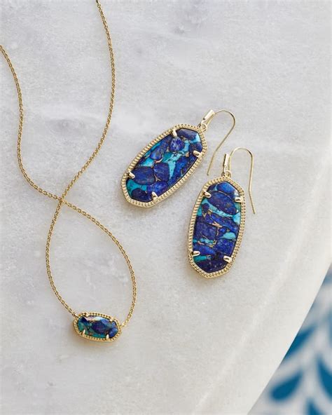 Elle Gold Drop Earrings In Bronze Veined Lapis Turquoise Magnesite