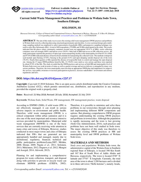(PDF) Current Solid Waste Management Practices and Problems in Woliata