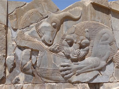 Bas Relief Of Lion Attacking Bull Persepolis Central Iran Relief