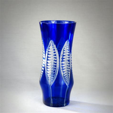 Vintage Bohemian Cobalt Blue Cut To Clear Glass Vase From S Etsy