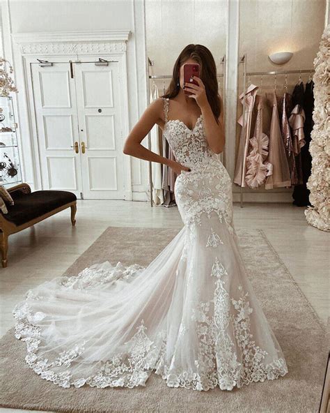 White Applique Lace Mermaid Wedding Dresses Long Train Bridal Gowns With Straps Ebay