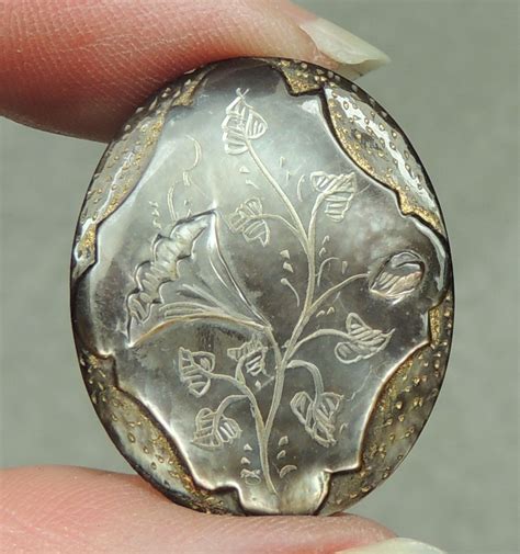 Stunning Carved Smokey Mop Pearl Shell Button ~ Floral Vintage