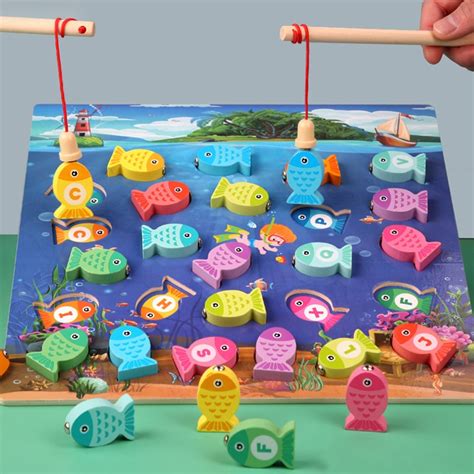 Montessori Children Wooden Fishing Toy Learning Alphanumeric Game