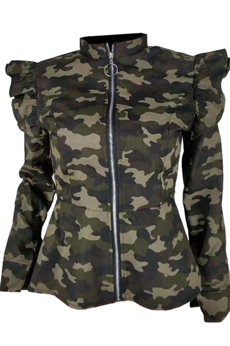 Plus Size Camo Ruffle Shoulder Jacket Camouflage Print Jacket Camo