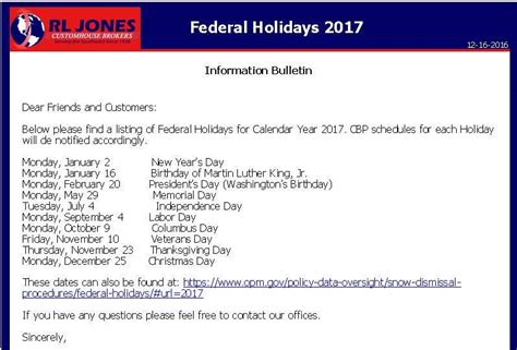 Calexico Federal Holidays 2017 Rl Jones Customhouse