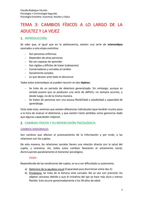 Tema 3 Cambios Físicos A Lo Largo De La Adultez Y Vejez Claudia Bodoque Vicente Psicología