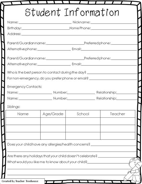 Free Student Information Template Just Print And Go Student
