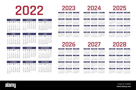 2022 2028 Calendario Inglese Calendario 2022 Calendario 2023