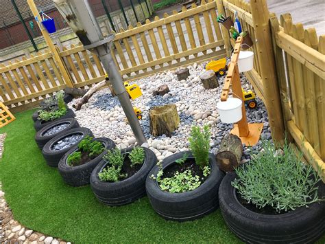 Outdoor Learning EYFS. Tyre planting, pebble digging pit, sensory ...