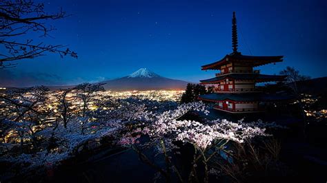 Hd Wallpaper Religious Pagoda Cherry Blossom Japan Mount Fuji