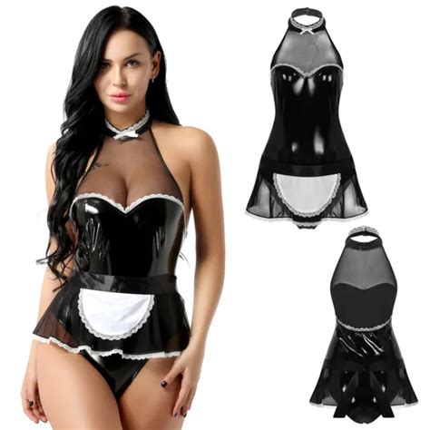Women Wetlook Leather Bodysuit Set French Maid Cosplay Costume Apron Maidservant Picclick