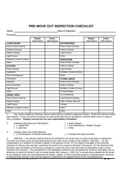 Move Out Inspection Checklist Form Printable