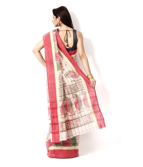 sanchari cream red bengal tant cotton saree with unstitched blouse buy sanchari cream red