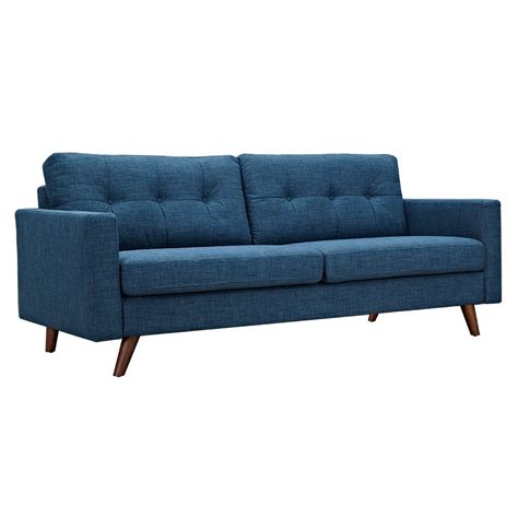 Uma Mid Century Modern Blue Fabric Button Tufted Sofa W