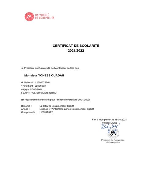 Certificat De Scolarité Sl2es 2021 2022 Yoness Ouadah Pdf