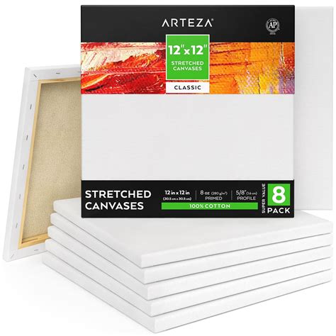 Arteza Stretched Canvas Classic White 12x12 Blank Canvas Boards