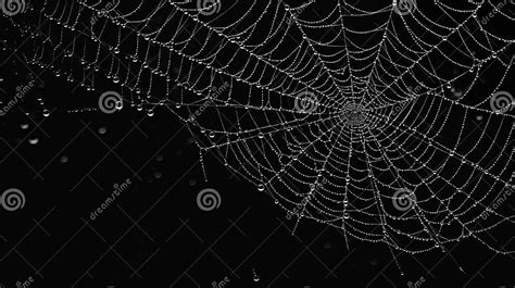 Realistic Black And White Spider Web With Dewdrops In The Style Of