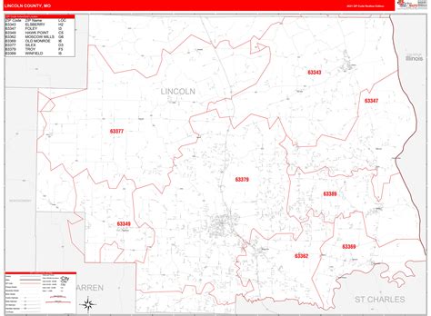 Lincoln County Mo Zip Code Wall Map Red Line Style By Marketmaps