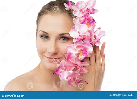 Beautiful Girl Holding Orchid Flower In Her Hands Stock Image Image