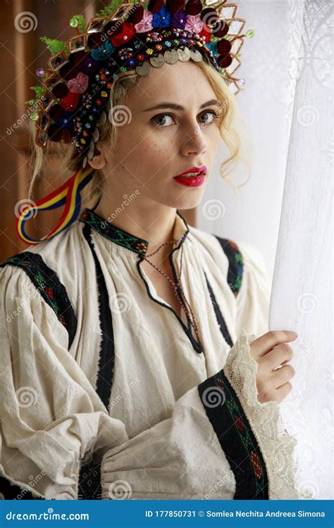 beautiful woman dressed in traditional romanian costume stock image image of national