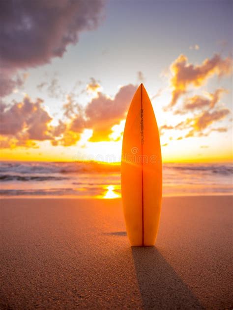 Surfboard On The Beach In Sea Shore At Sunset Time With Beautiful Light