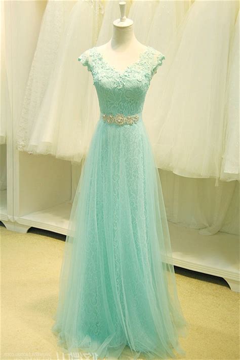A Line Cap Sleeve Mint Green Tulle Lace Prom Dress With Crystals Sash
