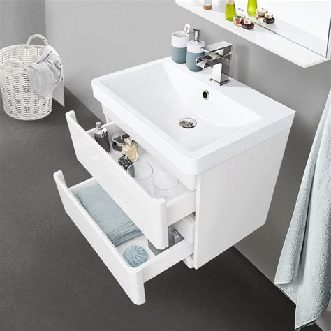 600mm Bathroom Basin Vanity Unit 2 Drawer Storage Wall Hung Cabinet Gloss White Ebay