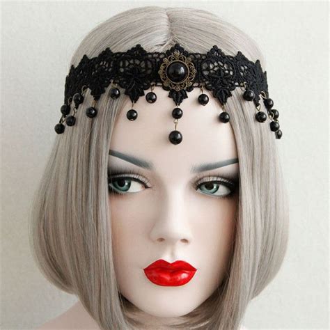 Black Beaded Lace Punk Gothic Queen Crown Tiara Forehead Hair Garland
