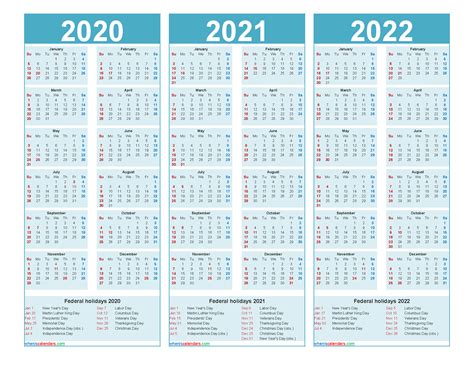 3 Year Calendar 2020 To 2022 Printable Free Printable 2020 Monthly