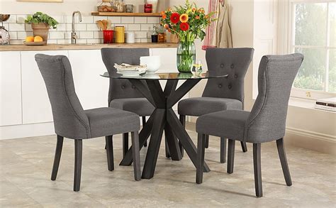 Hatton Round Dining Table And 4 Bewley Chairs Glass And Grey Solid