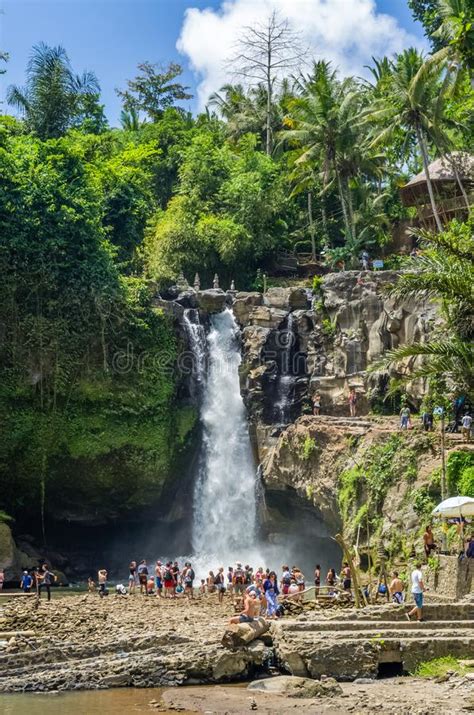 Tourists Swim In The Tegenungan Waterfall In Ubud Bali Indonesia
