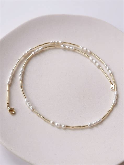 Gold Seed Bead Pearl Necklacepearl And Seed Bead Etsy
