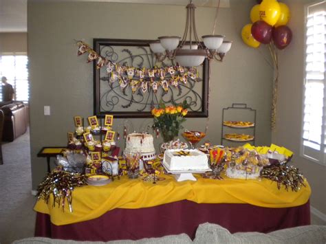 Get special invites for their big achievement! Arizona State University-themed Graduation Dessert Buffet | Graduation party table decorations ...