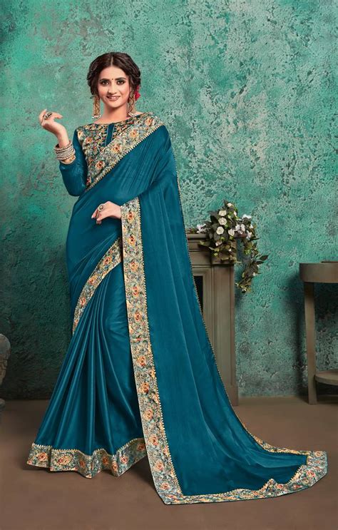 Teal Blue Georgette Big Border Fancy Designer Saree Indian Women
