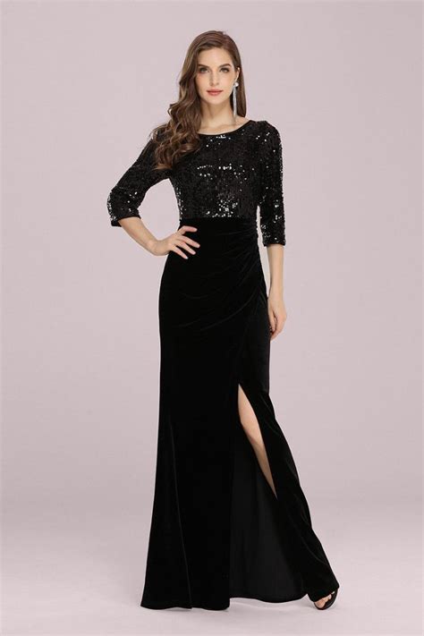 Formal Long Black Evening Velvet Dress With Sequined 34 Sleeves 64