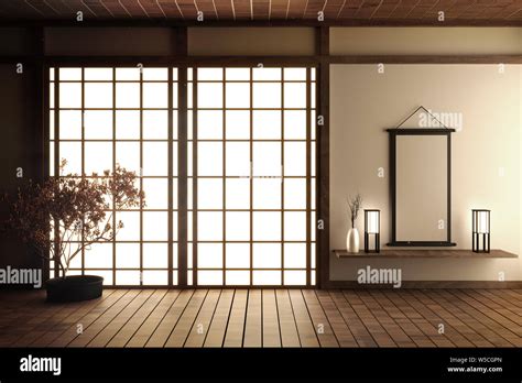 Japanese Living Room With Wood Floor And White Wall With Decoration