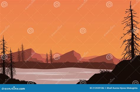 The Scenic Beauty Of The Mountains From The Riverbank At Dusk Vector