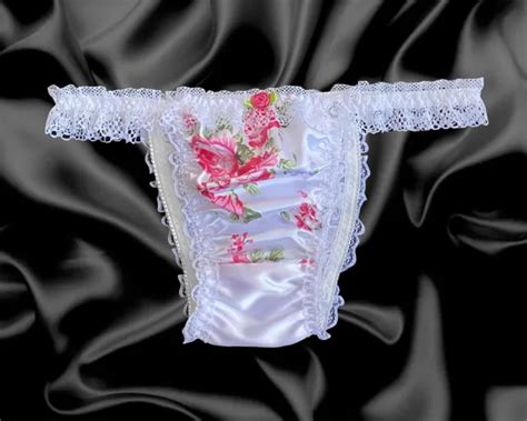 White Satin Floral Sissy Frilly Lace Bikini Tanga Knickers Panties Size