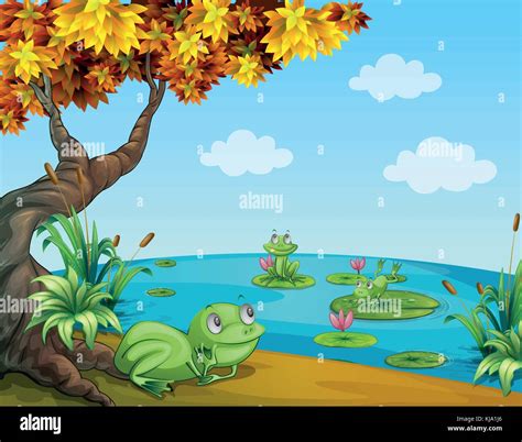 Illustration Of Three Green Frogs At The Pond Stock Vector Image And Art