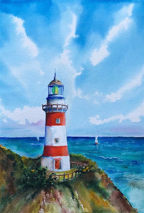 Original Seascape Watercolor Lighthouse Painting Painter