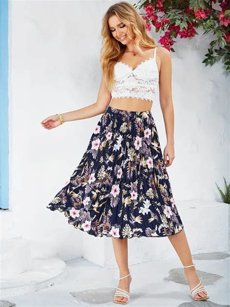 Vintage Floral Print Skirts Elegant Pleated High Waist Summer Skirts