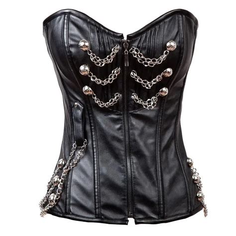 front zipper chains black leather corset overbust steampunk clothing corselet corsets and