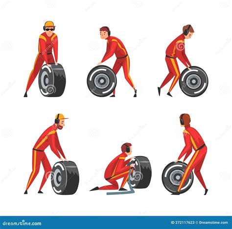 Pit Stop Crew Member Changing Tire Wheel Engaged in Maintenance of